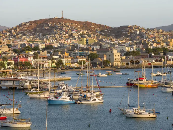Framed Print : City view and view over marina and harbor. City Mindelo