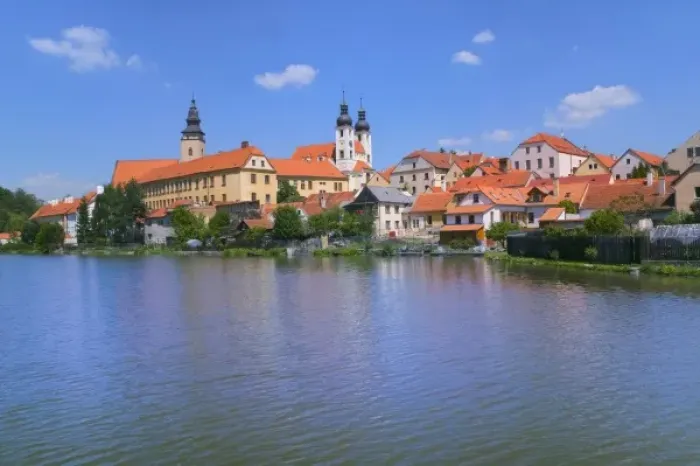 Framed Print : Cityscape 16th-century Renaissance houses in Telc by artificial pond, Moravia, Czech