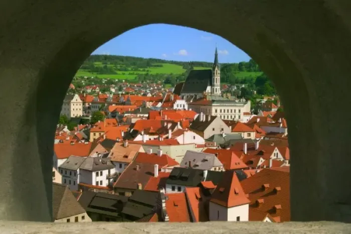 Framed Print : Cityscape of Cesky Krumlov through arch window, Czech Republic Framed Print : Cityscape of Cesky Krumlov through arch window, Czech Republic