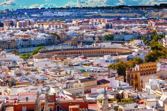 Framed Print : Cityscape, City View, Bull Ring, from Giralda Spire, Bell Tower, Seville Cathedral Framed Print : Cityscape, City View, Bull Ring, from Giralda Spire, Bell Tower, Seville Cathedral