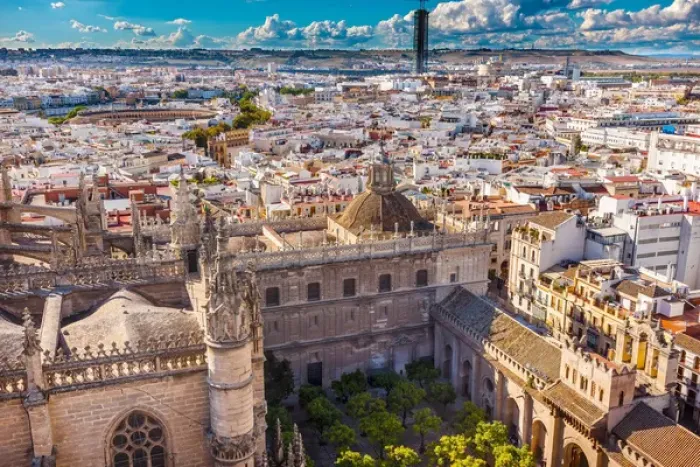Framed Print : Cityscape, City View, from Giralda Spire, Bell Tower, Orange Garden, Seville Cathedral Framed Print : Cityscape, City View, from Giralda Spire, Bell Tower, Orange Garden, Seville Cathedral