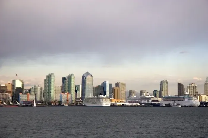 Framed Print : Cityscape with three cruise ships docked in San Diego, California