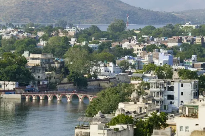 Framed Print : Cityscape of lake and architecture, Udaipur, Rajasthan, India
