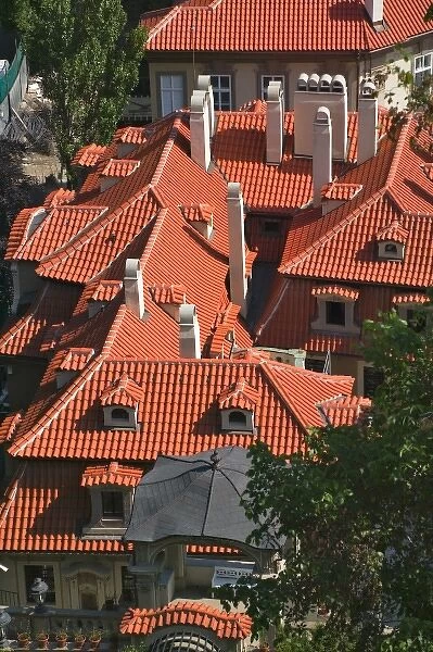 Cityscape of red roofed houses, Prague, Czech Republic