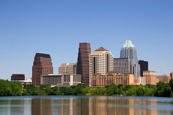 Cityscape skyline view of Austin, Texas with City Lake in the foreground