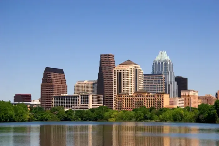 Framed Print : Cityscape skyline view of Austin, Texas with City Lake in the foreground Framed Print : Cityscape skyline view of Austin, Texas with City Lake in the foreground