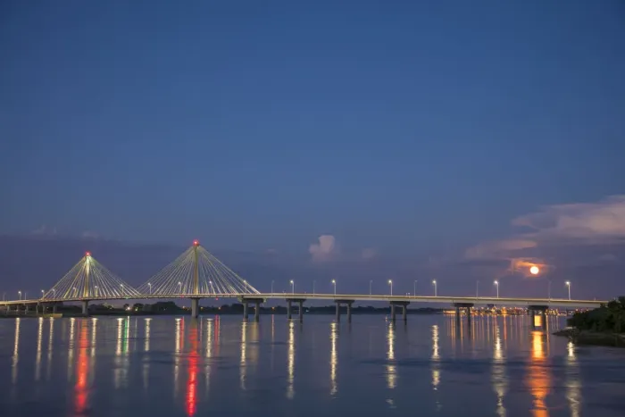 Framed Print : Clark Bridge at dusk-night over Mississippi River and full moon Alton, IL Framed Print : Clark Bridge at dusk-night over Mississippi River and full moon Alton, IL