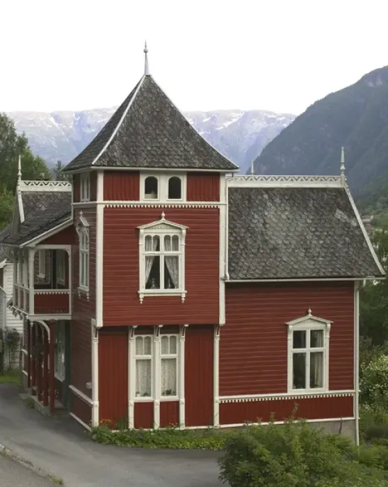 Framed Print : Classic 1800;s Norwegian home in Ulvik on the shores of Hardanger Fjord, Norway Framed Print : Classic 1800;s Norwegian home in Ulvik on the shores of Hardanger Fjord, Norway
