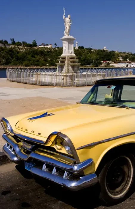 Framed Print : Classic Dodge 50s auto in front of river and statues with Christ statue on hill in Framed Print : Classic Dodge 50s auto in front of river and statues with Christ statue on hill in