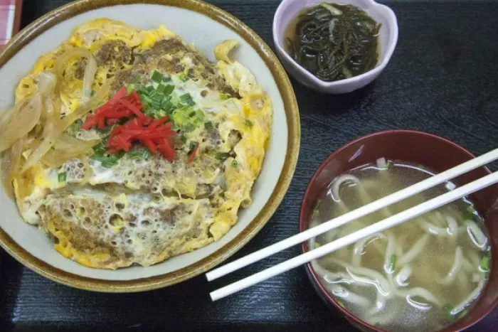 Framed Print : Classic pork over rice bowl with noodle soup served in Japan