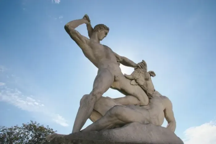 Framed Print : Classical Mythology. Theseus slaying Minotaur. Statue 19th century AD. The Garden of the Tuileries