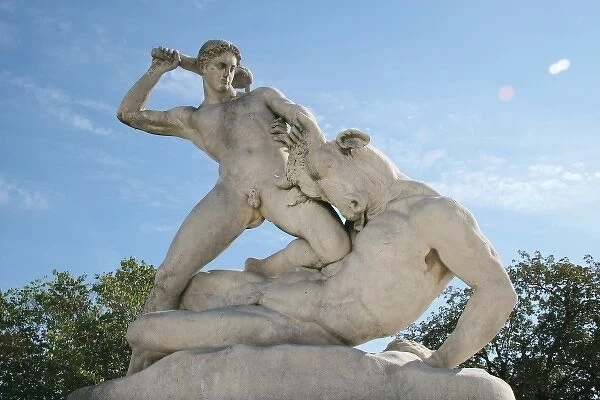 Classical Mythology. Theseus slaying Minotaur. Statue 19th century AD. The Garden of the Tuileries