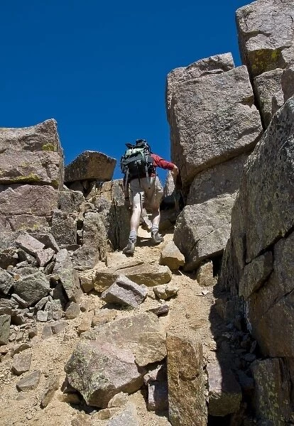 Climber summiting Windom Peak, Weminuche Wilderness, Needle Range, San Juan National Forest