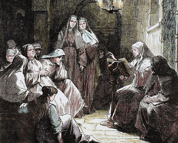 Cloistered nuns. Gospel reading. 19th-century colored engraving