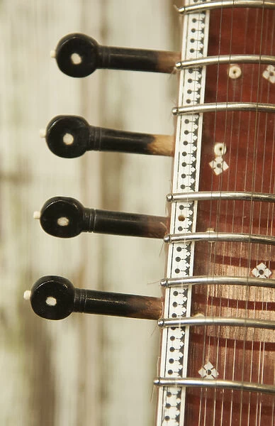Close up abstract of a wood indian sitar string insturment of music in India