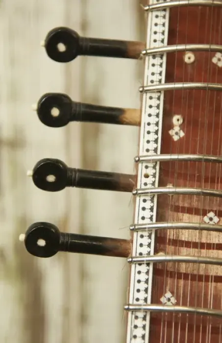 Framed Print : Close up abstract of a wood indian sitar string insturment of music in India
