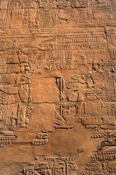 Close up of artwork at ancient ruins of kings at the Temple of Karnak in Luxor Egypt