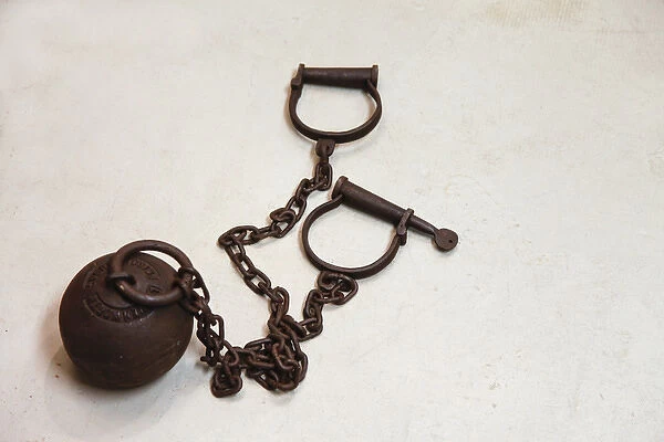 Close up of a ball and chain shackles, Oro Grande, California, United States, Route 66