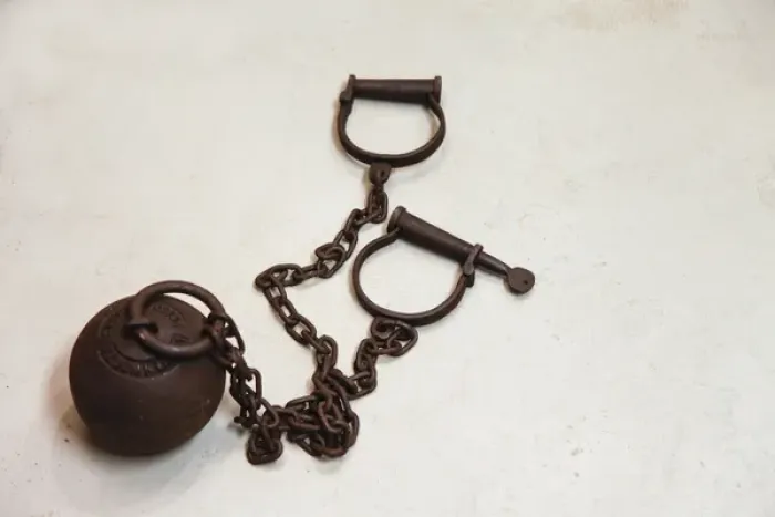 Framed Print : Close up of a ball and chain shackles, Oro Grande, California, United States, Route 66