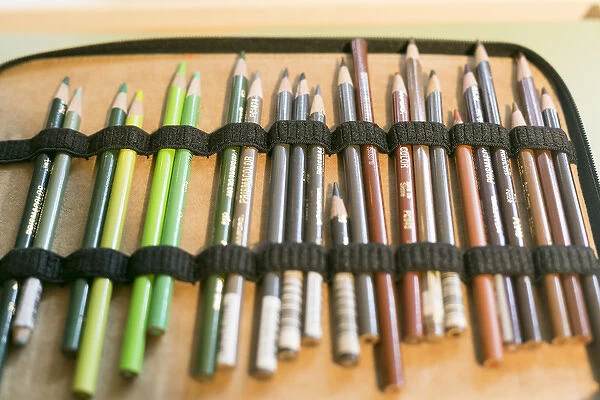 Close up of colored pencils at a Designer studio, Santa Fe, New Mexico, USA
