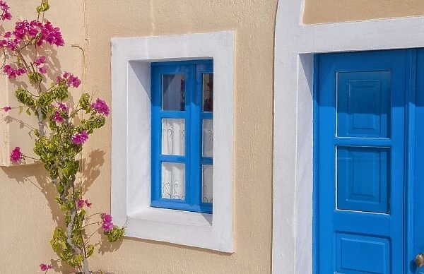 Close up of doorway and flowers in Santorini Greece in Greek Islands