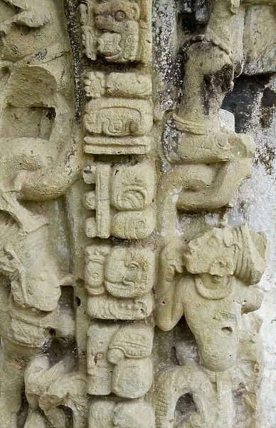 Close up of the old mask ruins at famous Mayan temples of Copan Honduras in Central