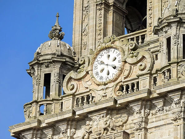Close-up of the ancient clock on Berenguela tower of Santiago de Compostela Cathedral