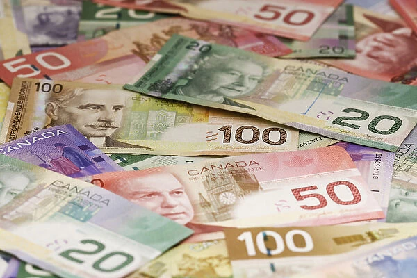 Close-up of assorted Canadian paper currency