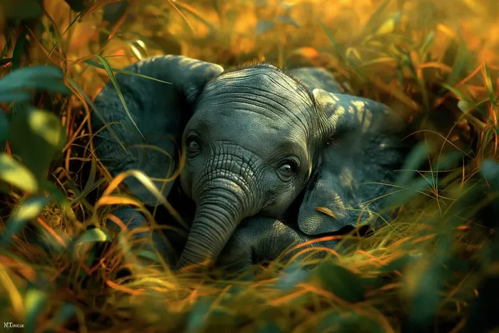 Framed Print : Close-up of baby elephant in vegetation. (AI Generated) Framed Print : Close-up of baby elephant in vegetation. (AI Generated)
