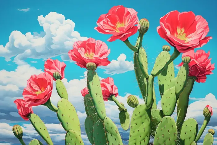 Framed Print : Close-up of desert cactus with red flowers. (AI Generated) Framed Print : Close-up of desert cactus with red flowers. (AI Generated)