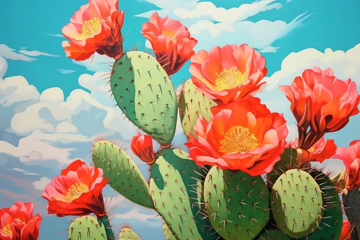 Framed Print : Close-up of desert cactus with red flowers. (AI Generated) Framed Print : Close-up of desert cactus with red flowers. (AI Generated)