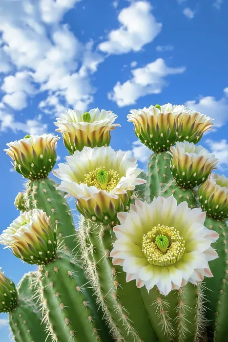 Framed Print : Close-up of desert cactus with white flowers. (AI Generated)