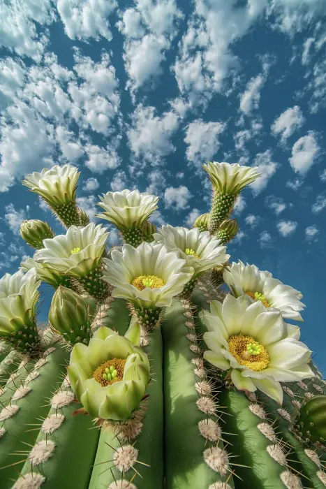 Framed Print : Close-up of desert cactus with white flowers. (AI Generated) Framed Print : Close-up of desert cactus with white flowers. (AI Generated)