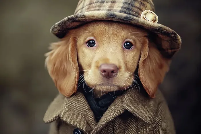 Framed Print : Close-up of dog wearing hat and coat. (AI Generated) Framed Print : Close-up of dog wearing hat and coat. (AI Generated)