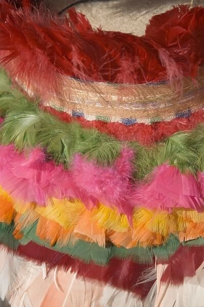 Close-up of feathers on elaborate hat worn during traditional dances, Taquile Island