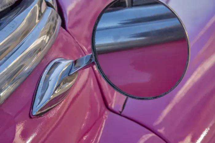 Framed Print : Close-up side mirror on hot pink classic American Oldsmobile in Vieja, old Habana, Havana Framed Print : Close-up side mirror on hot pink classic American Oldsmobile in Vieja, old Habana, Havana