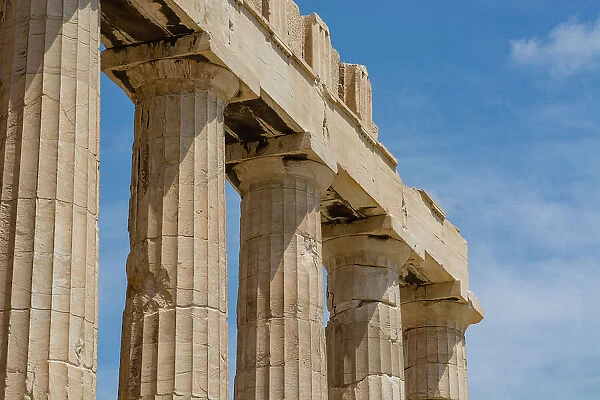 Close-up of the remaining columns and ruins at the Parthenon, Acropolis. The Parthenon, Athens, Greece