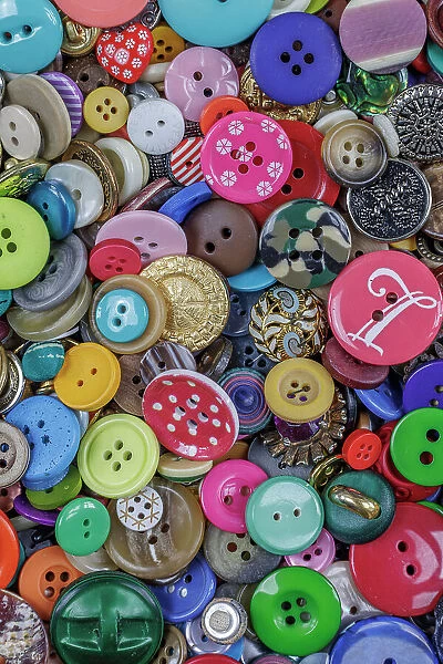 Close-up of variety of colorful buttons