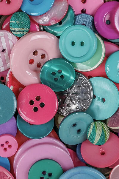 Close-up of variety of colorful buttons