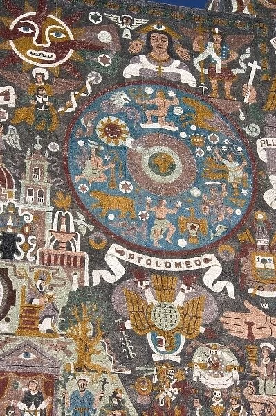 A close up view of the exterior stone mosaic mural on the Central Library on the