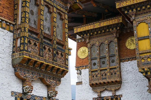 Close up from the woodwork in the dzong or castle of Punakha, Bhutan, Asia