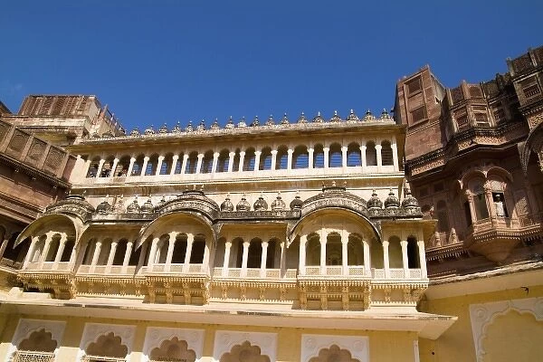 Closeup of building in Jodhpur at Fort Mehrangarh in Rajasthan India of Fort Palace