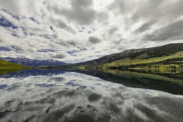 Clouds reflecting on Lake Azul, Torres del Paine National Park, Chile, Patagonia
