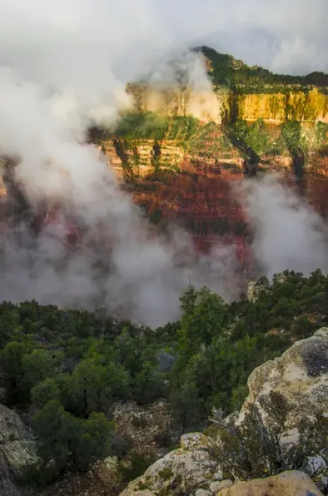 Framed Print : Clouds roll through the incredible rock formations of Bright Angel Point at the rugged Framed Print : Clouds roll through the incredible rock formations of Bright Angel Point at the rugged