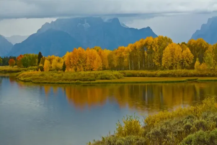 Framed Print : Cloudy day, autumn, Oxbow, Grand Teton National Park, Wyoming, USA