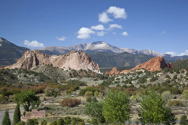 CO, Colorado Springs, Garden of the Gods with Pikes Peak, South Gateway Rock and Gray Rock