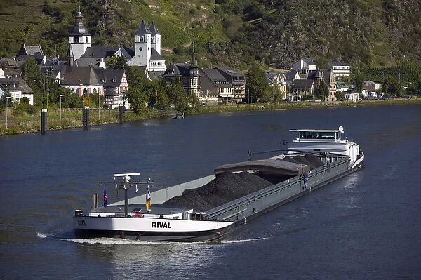 Coal barge going up river, Karden, Mosel Valley, Rhineland Palatinate, Germany