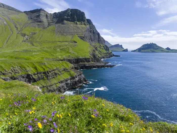 Framed Print : The coast near Gasadalur. The island Vagar, part of the Faroe Islands in the North Atlantic