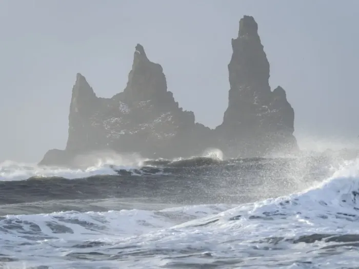 Framed Print : Coast near Vik y Myrdal during winter. The sea stacks Reynisdrangar, Iceland