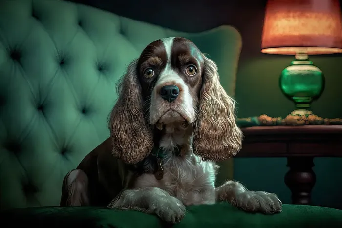 Framed Print : Cocker spaniel dog on green chair. ©Jim Zuckerman / Jaynes Gallery / DanitaDelimont.com (AI) Framed Print : Cocker spaniel dog on green chair. ©Jim Zuckerman / Jaynes Gallery / DanitaDelimont.com (AI)